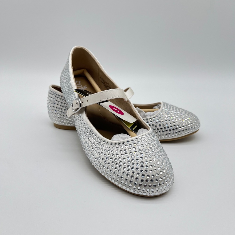 Art Class Nell Rhinestone Mary Jane Flats Off White Satin Kids Size 5 NWT